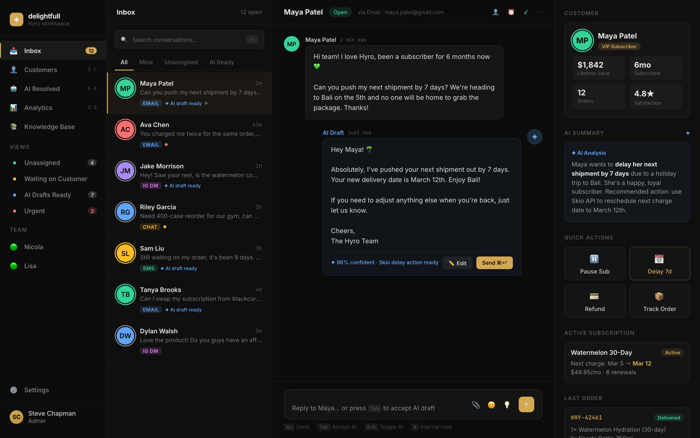 Delightfull inbox with AI drafts, customer context, and Shopify actions